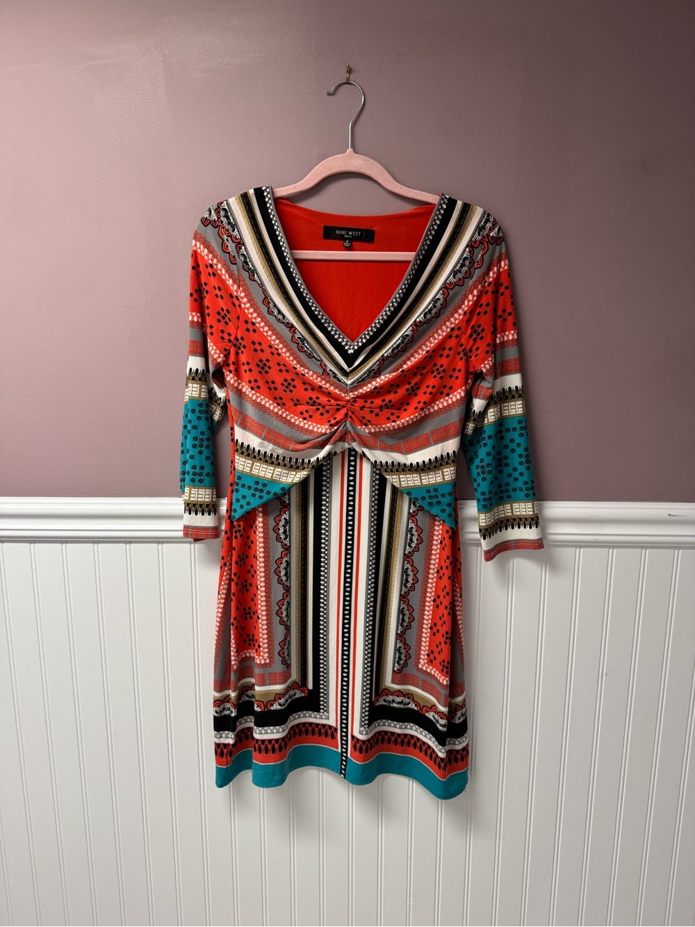 Nine West Coral & Teal Patterned V-Neck Dress